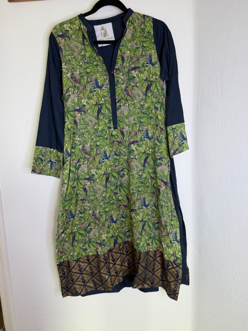 Nida Azwer White Label Green Botanical Bird Print Pakistan Dress M